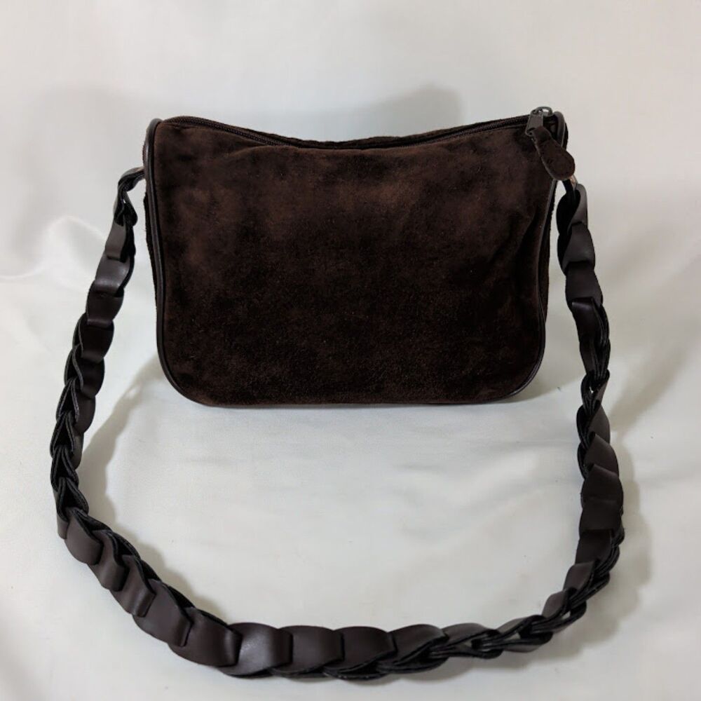Carlo D'Santi Brown Suede Leather Shoulder Bag Braided Strap Zip Top